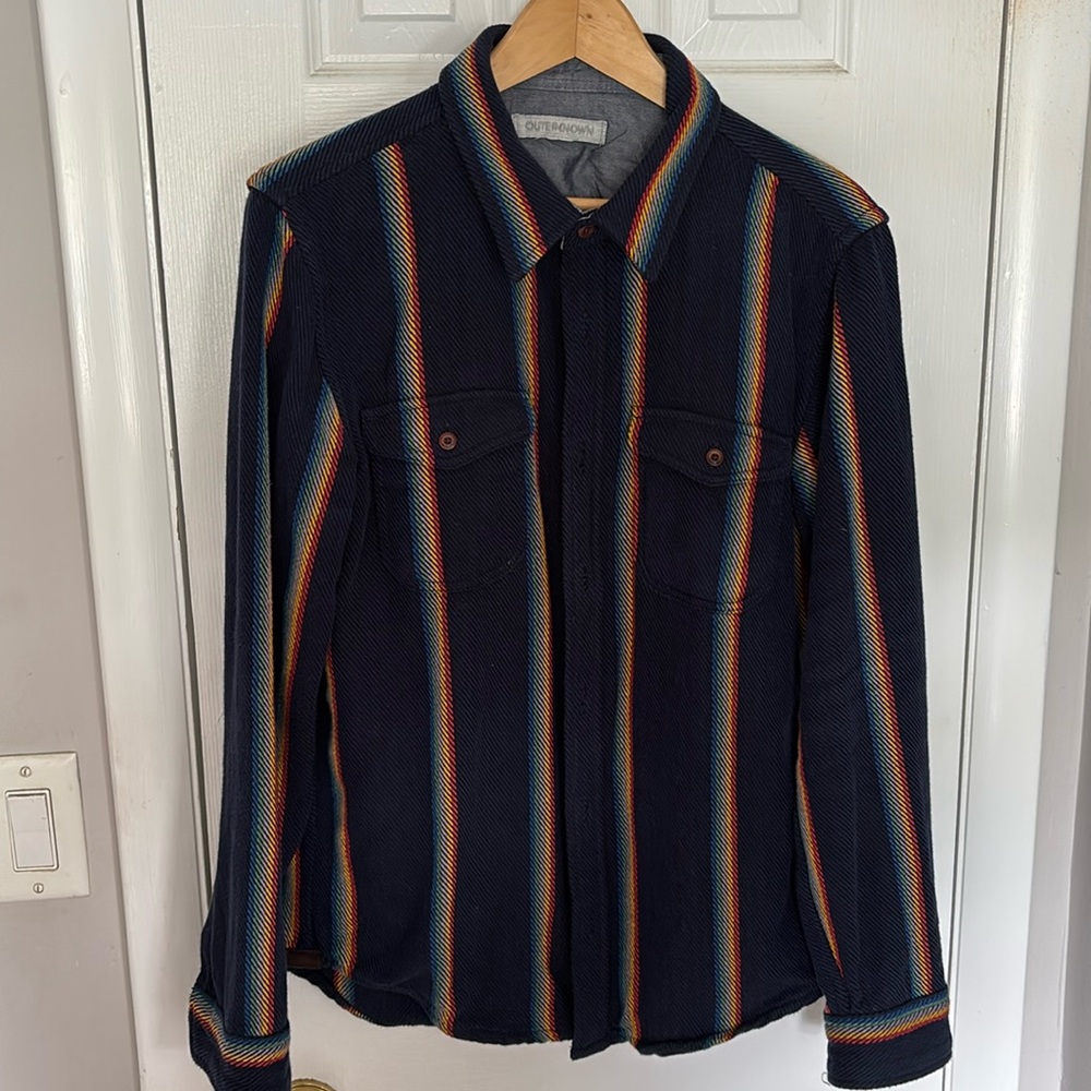Outerknown Navy w/ colorful stripes  Casual Button Down “Blanket” Shirt